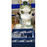 BOHEMIA CRYSTAL DECANTER & GLASSES SET TOGETHER WITH THE TRAY CONTAINING VARIOUS PARAGON TEAWARE,