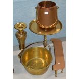 VARIOUS COPPER & BRASS WARE, JELLY PAN, PEDESTAL TABLE ETC
