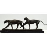 A LARGE BRONZE DOUBLE BIG CAT DISPLAY ON MARBLE STAND SIGNED J.B. DEPOGEE, PARIS