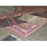 4 VARIOUS EASTERN KELIM STYLE FLOOR RUGS INCLUDING LARGE FRINGED EDGE RUG, LARGE RUNNER RUG,