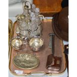 TRAY CONTAINING EP CONDIMENT SET ON STAND, EP SUGAR & CREAM SET ON STAND, DECORATIVE METAL DISH ETC
