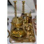 TRAY CONTAINING ASSORTED BRASS WARE, KETTLE ON STAND, VARIOUS CANDLE STICKS ETC