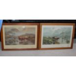 PAIR OF OAK FRAMED PRINTS - HIGHLAND SCENES, BY H.R. HALL