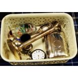 BOX CONTAINING SILVER CIGARETTE CASE, SILVER POCKET WATCH, SILVER SPOONS, SILVER CANDLESTICK,