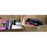 2 BOXES WITH HELMET, BOWLS, WEBCAM, FREEVIEW BOXES, IPOD DOCKS ETC