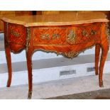 FRENCH STYLE CHEQUERED INLAID GILT MOUNTED MARBLE TOPPED BOW SHAPED CONSOLE TABLE