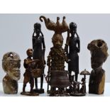 A GROUP OF VARIOUS AFRICAN TRIBAL STYLE FIGURINE DISPLAYS & ORNAMENTS, WITH WOODEN, METAL & STONE
