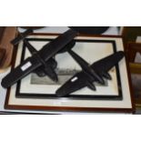 2 OLD BAKELITE PLANE DISPLAYS & 2 FRAMED MILITARY THEMED PICTURES