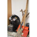 QUANTITY OF VARIOUS TOOLS, SCYTHE, DRILL, HAND TOOLS ETC