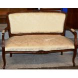 REPRODUCTION MAHOGANY FRAMED CREAM UPHOLSTERED GOSSIP SETTEE