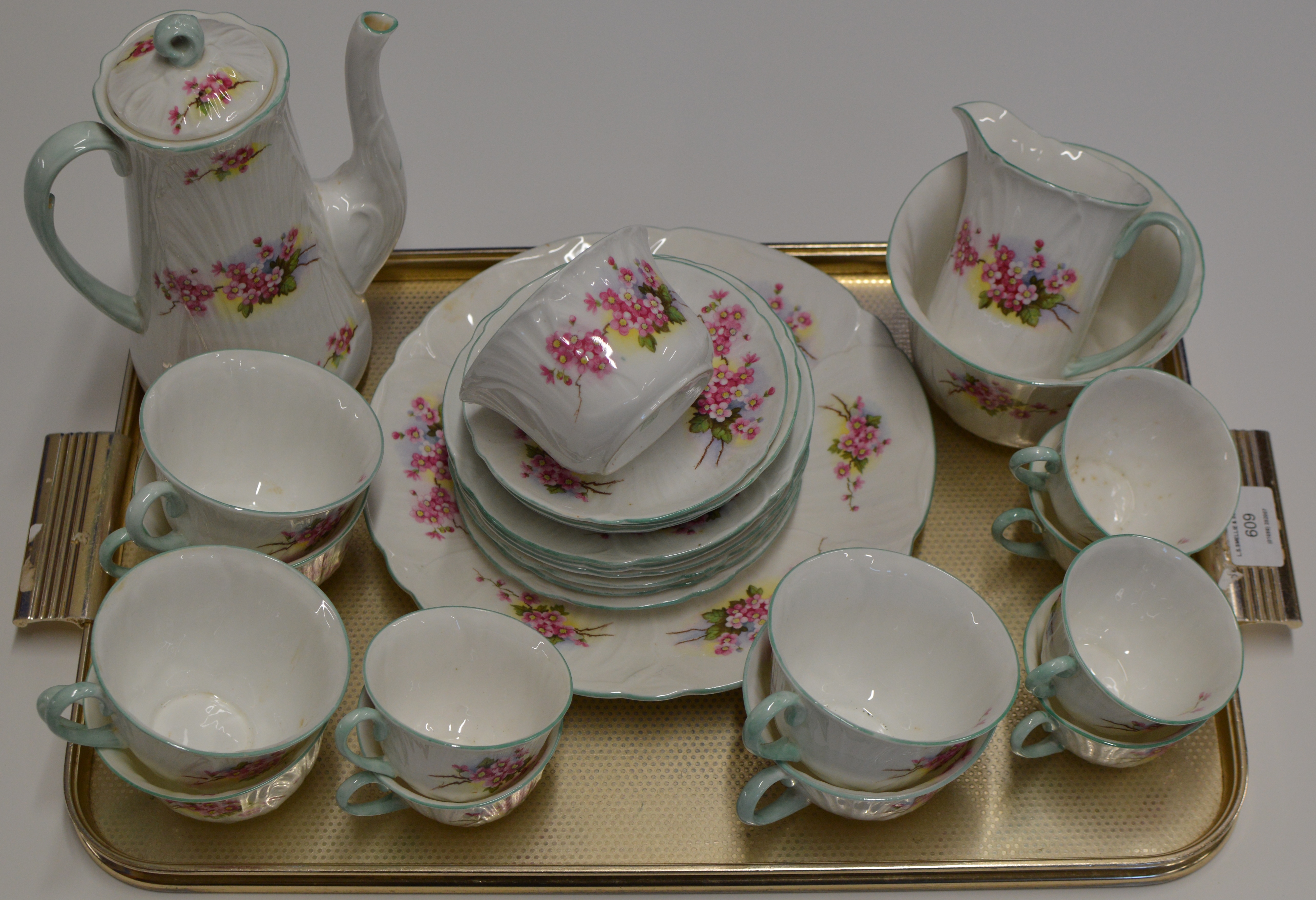 30 PIECES OF SHELLEY HAND PAINTED FLORAL DESIGN TEA & COFFEE WARE