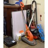 QUANTITY OF ITEMS INCLUDING LAWNMOWER, TOOLS, HENRY HOOVER, PRINTER, LED LIGHT, FOOT PUMP, TILE