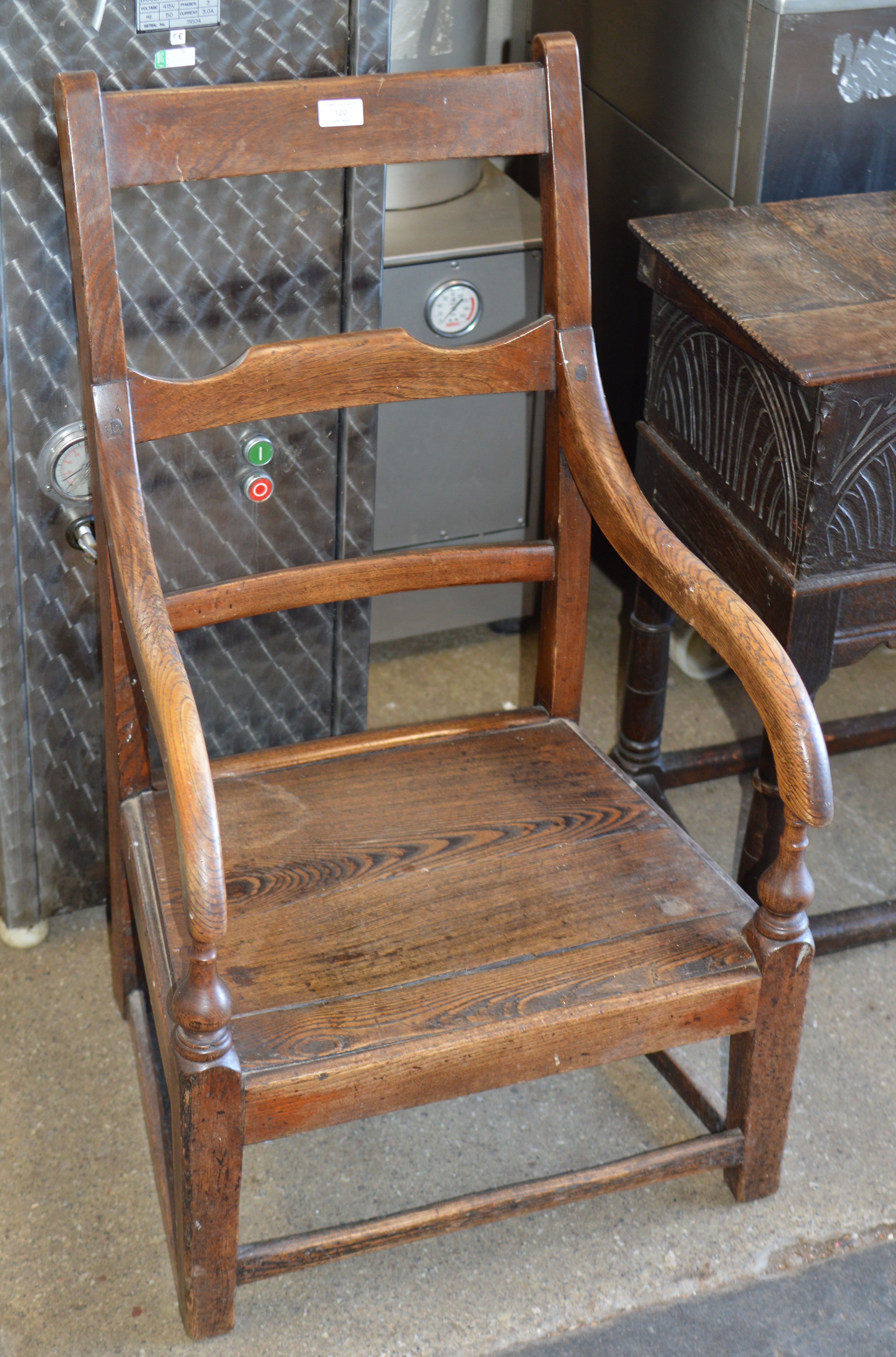 VICTORIAN OAK NURSING STYLE ARM CHAIR ON STRETCHER BASE