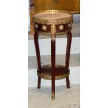 CIRCULAR REPRODUCTION FRENCH STYLE MAHOGANY GILT MOUNTED OCASSIONAL TABLE WITH MARBLE TOP