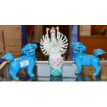 PAIR OF 5½" CHINESE TURQUOISE GLAZED GUARDIAN LION ORNAMENTS, TOGETHER WITH A 8½" EASTERN FIGURINE
