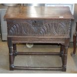 28" 17TH CENTURY OAK BIBLE BOX STYLE CHEST MOUNTED ON OAK STRETCHER BASE STAND