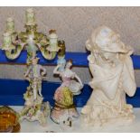 BUST ORNAMENT, FIGURINE TABLE LAMP & ORNATE 5 POINT CANDLE STAND