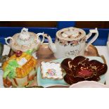 TRAY CONTAINING LIDDED TEA POTS, LIDDED SUGAR BOWL, CARLTON WARE LEAF DISHES, PIN DISHES ETC