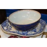 2 OLD BLUE & WHITE PLATTERS & OLD CHINESE STYLE BOWL