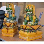 PAIR OF LARGE 26" CHINESE CERAMIC TEMPLE LIONS ON STANDS