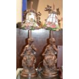 PAIR OF 22¼" ART NOUVEAU STYLE BRONZE EFFECT FIGURINE TABLE LAMPS WITH COLOURED GLASS SHADES