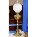 30" BRASS CONVERTED PARAFFIN DOUBLE LAMP WITH FUNNEL & SHADE