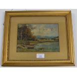 6" x 8½" GILT FRAMED OIL PAINTING - RIVER LANDSCAPE SCENE, SIGNATURE INDISTINCT