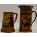 7½" ROYAL DOULTON POTTERY PITCHER, TOGETHER WITH A 5½" ROYAL DOULTON POTTERY TANKARD