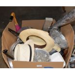 BOX CONTAINING ASSORTED HATS, STICK DISPLAY, DESSERT DISHES, POTS & PANS ETC