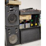 LARGE QUANTITY OF DJ EQUIPMENT, LARGE STAGE SPEAKERS, SMOKE MACHINE, DOUBLE TURNTABLE ETC -