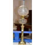 32" BRASS COLUMNED CONVERTED DOUBLE BURNER PARAFFIN LAMP WITH CUT CRYSTAL RESERVOIR & ETCHED GLASS