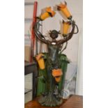 LARGE ART NOUVEAU STYLE BRONZE FINISHED FIGURINE FLOOR LAMP WITH 5 COLOURED GLASS SHADES