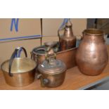 HEAVY BRASS JELLY PAN, LARGE COPPER & BRASS KETTLE, COPPER TROUGH PLANTER, COPPER EWER, LARGE COPPER