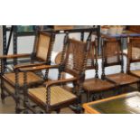 SET OF 6 DARK OAK DINING CHAIRS COMPRISING PAIR OF LARGE CARVER CHAIRS & 4 HAND CHAIRS