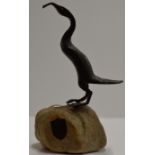 8" NORWEGIAN CONTEMPORARY BRONZE SCULPTURE OF A BIRD, MOUNTED ON A STONE, BY LOFOTEN