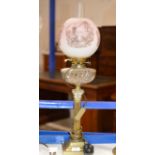 28" BRASS COLUMNED CONVERTED DOUBLE BURNER PARAFFIN LAMP WITH CUT GLASS RESERVOIR & PINK FROSTED