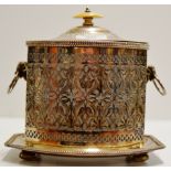 A FINE VICTORIAN ART NOUVEAU PIERCED SILVER-PLATE TEA CADDY WITH RAM HEAD MOUNTS & DOUBLE RING