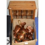 BOX CONTAINING VARIOUS COPPER WARE & SMALL PINE BOTTLE RACK