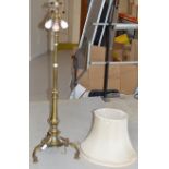 VINTAGE BRASS TELESCOPIC 3 POINT STANDARD DOWNLIGHTER LAMP WITH SHADE ON TRIPLE FEET