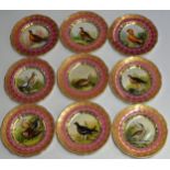 A VERY FINE SET OF 9 VICTORIAN COALPORT CABINET PLATES, HAND PAINTED WITH VARIOUS BIRDS, MOST LIKELY