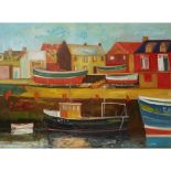 [§] JOHN BELLANY C.B.E., R.A., H.R.S.A. (SCOTTISH 1942-2013)BOATS IN AN EAST COAST HARBOUR Signed,