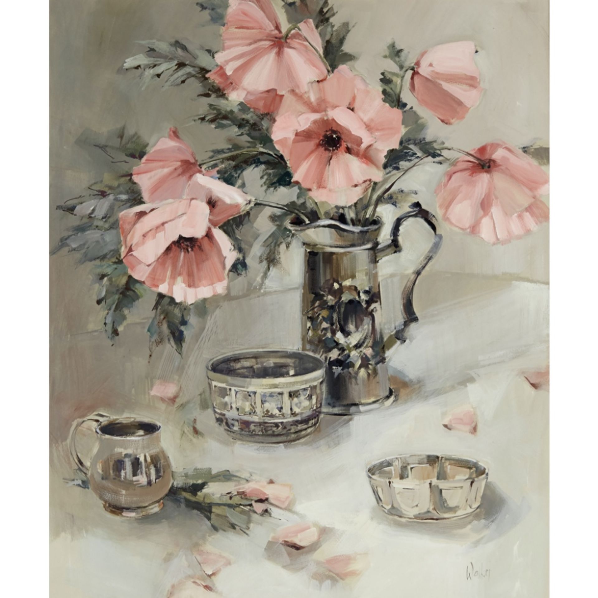 [§] ETHEL WALKER (SCOTTISH B.1941)POPPIES IN A SILVER JUG Signed, gouache75cm x 62cm (29.5in x 24.