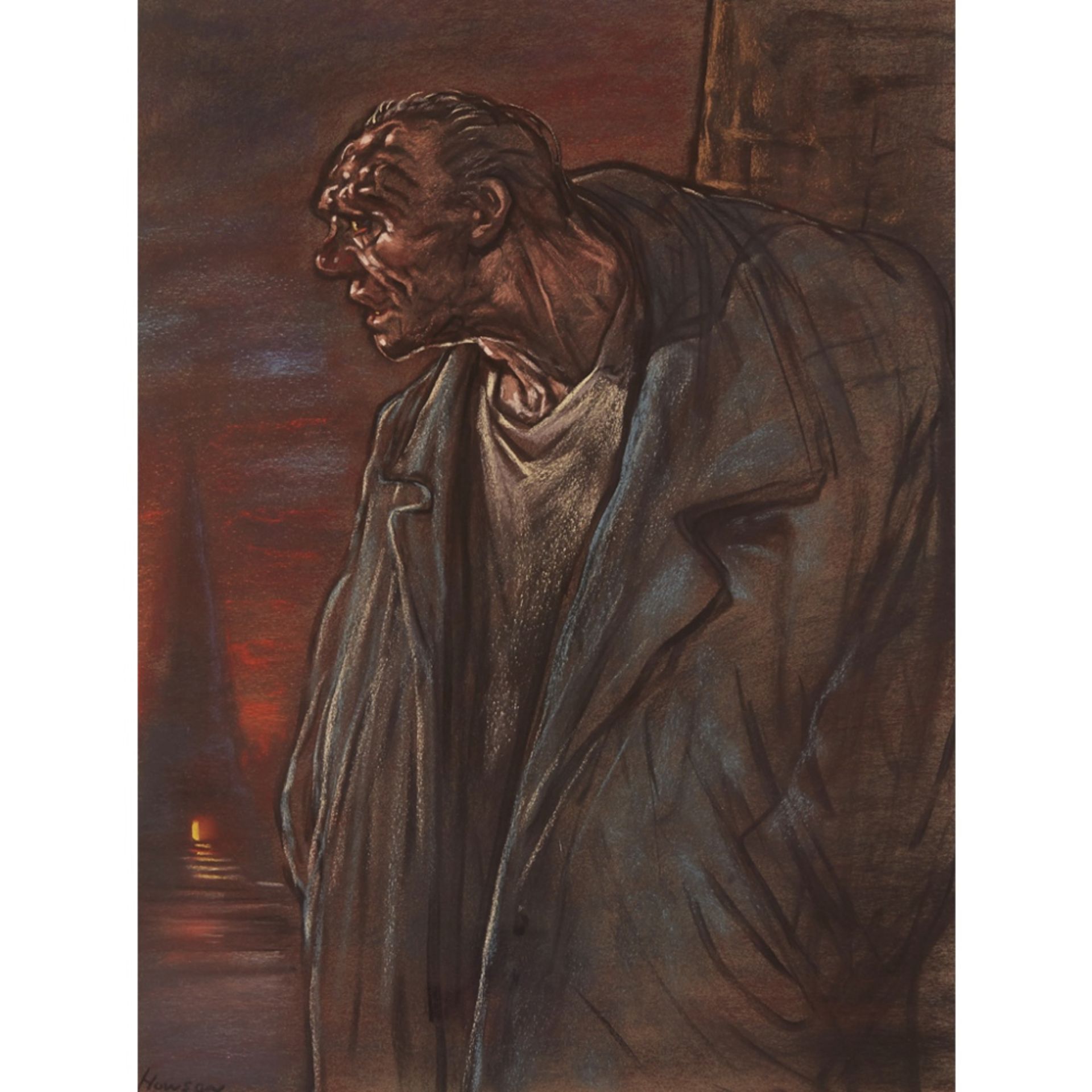 [§] PETER HOWSON (SCOTTISH B.1958)DOSSER - GREEN COAT Signed, pastel60cm x 45cm (23.5in x 17.75in)