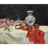 [§] JACK MORROCCO (SCOTTISH B.1953)STILL LIFE WITH APPLES AND A RED CLOTH Signed, oil on