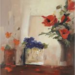 [§] MARY DAVIDSON (SCOTTISH B.1955)INTERIOR WITH POPPIES Signed, oil on board60cm x 60cm (24in x