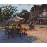[§] JOHN MACKIE (SCOTTISH B.1953)THE STREET CAFE Signed and dated 2001, pastel24cm x 30cm (9.5in x