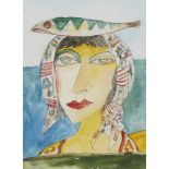 [§] JOHN BELLANY C.B.E., R.A., H.R.S.A. (SCOTTISH 1942-2013)WOMAN AND FISH Signed, watercolour38cm x