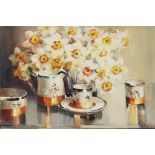 [§] ETHEL WALKER (SCOTTISH B.1941)DAFFODILS WITH COFFEE CUPS Signed, oil on board32cm x 47cm (12.5in