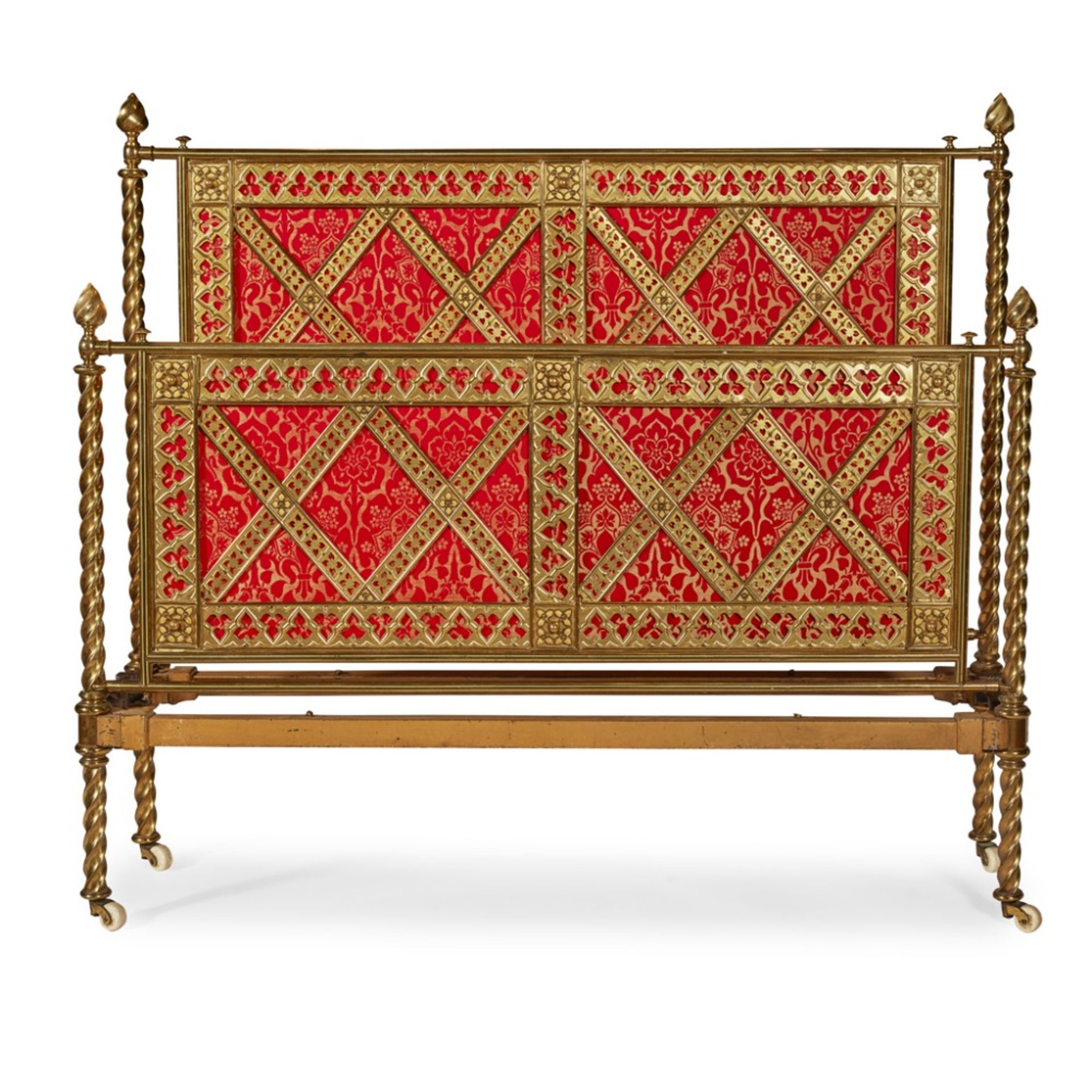 R. W. WINFIELD & CO., BIRMINGHAMGOTHIC REVIVAL BRASS DOUBLE BED, CIRCA 1870 with red and gold damask - Image 2 of 2