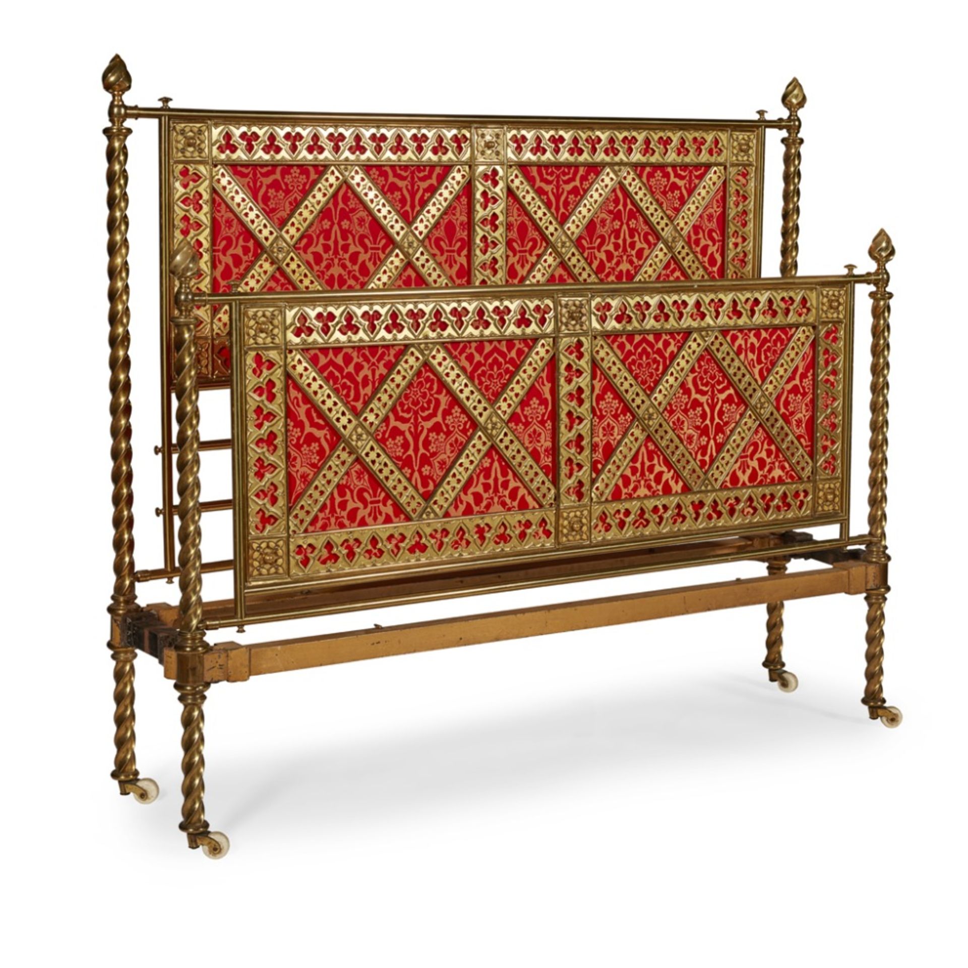 R. W. WINFIELD & CO., BIRMINGHAMGOTHIC REVIVAL BRASS DOUBLE BED, CIRCA 1870 with red and gold damask